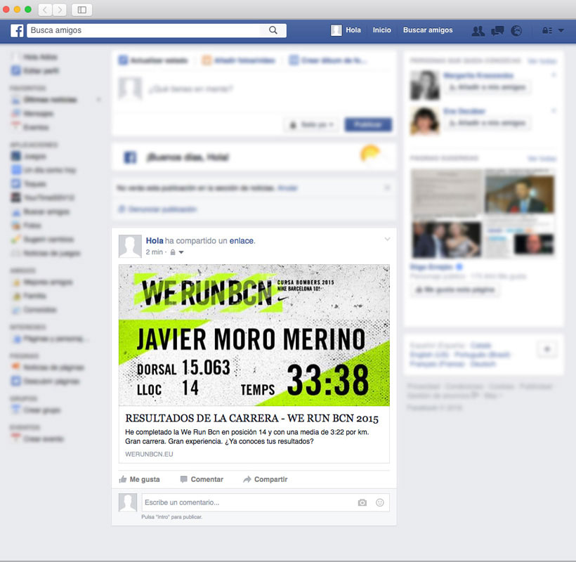 Diploma en muro de facebook de la WE RUN Barcelona